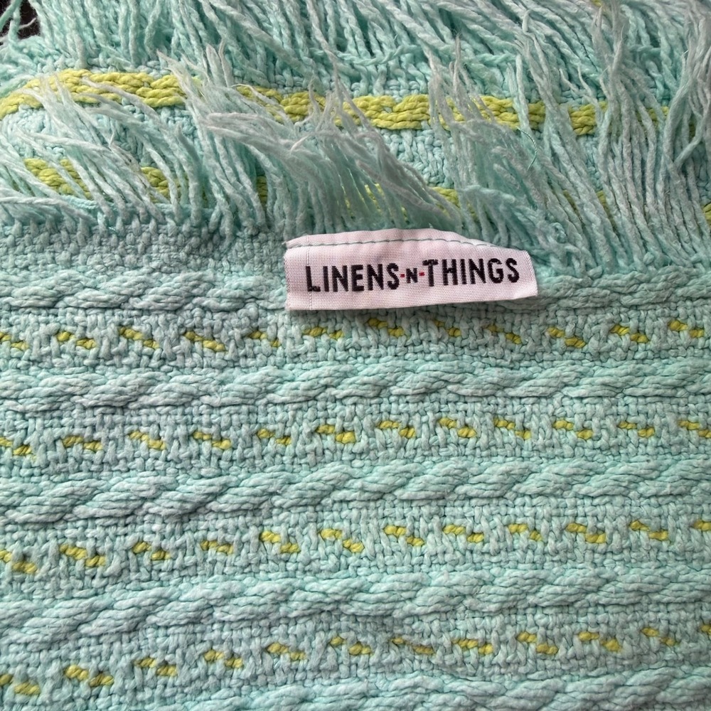 Vtg Knit Blanket Blue Yellow Fringe Unisex Cotton Throw Blanket - Picture 7 of 14